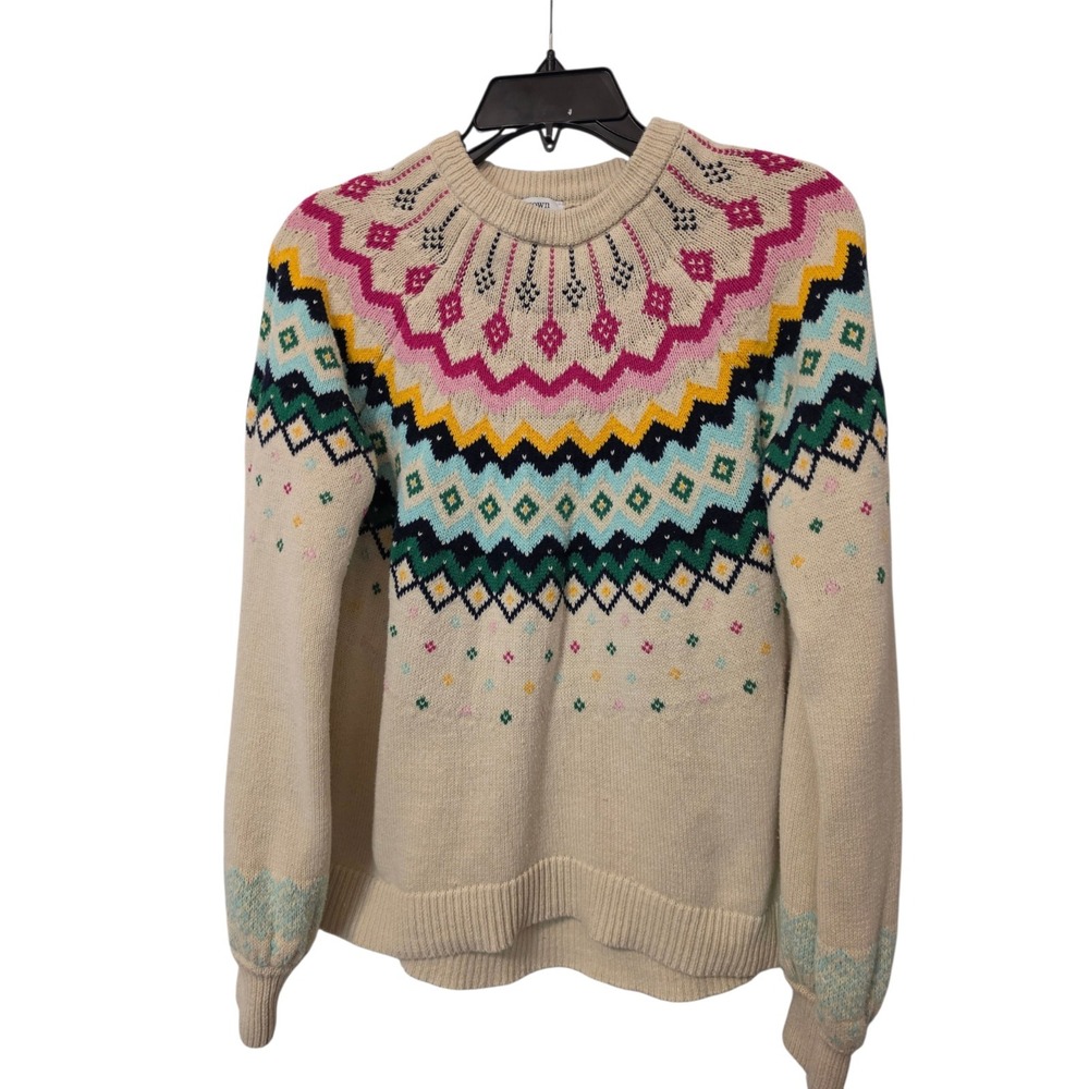 Crown & Ivy Fair Isle Crew Neck Long Sleeve Sweater Sz PL Oat Color Oversized